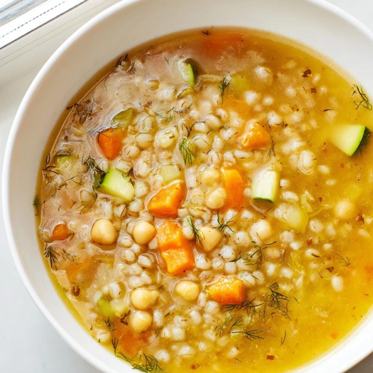 Close up of hearty chickpea and barley soup with vibrant green dill and bright lemon zest