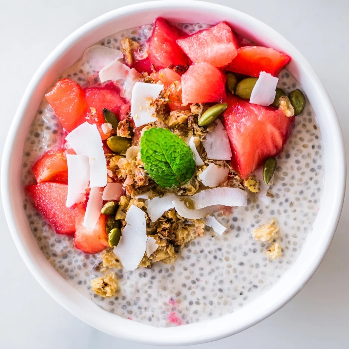 Creamy coconut chia pudding bowl topped with fresh guava, strawberries, and crunchy granola