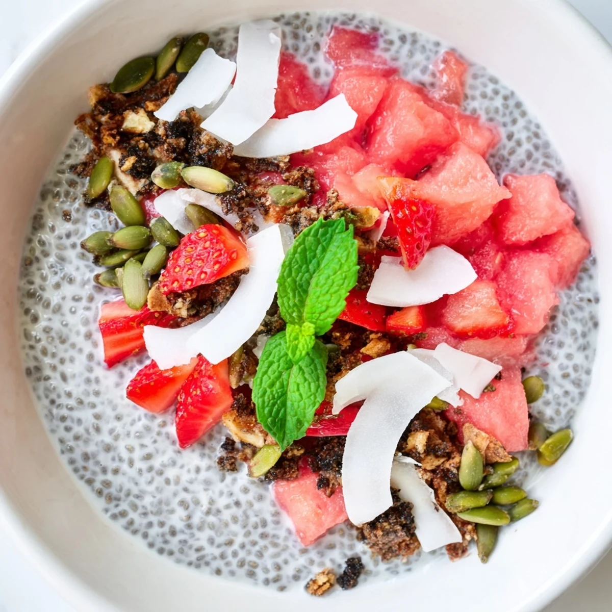 Vegan breakfast bowl featuring layered coconut chia pudding with diced guava and sliced strawberries