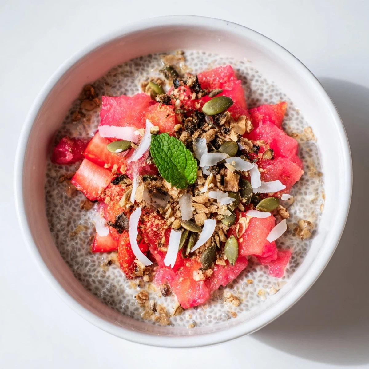 Tropical guava strawberry coconut chia breakfast bowl with vibrant red fruit and shredded coconut