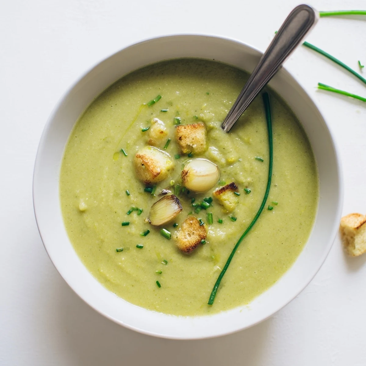 Bowl of creamy roasted garlic and zucchini soup garnished with fresh green chives