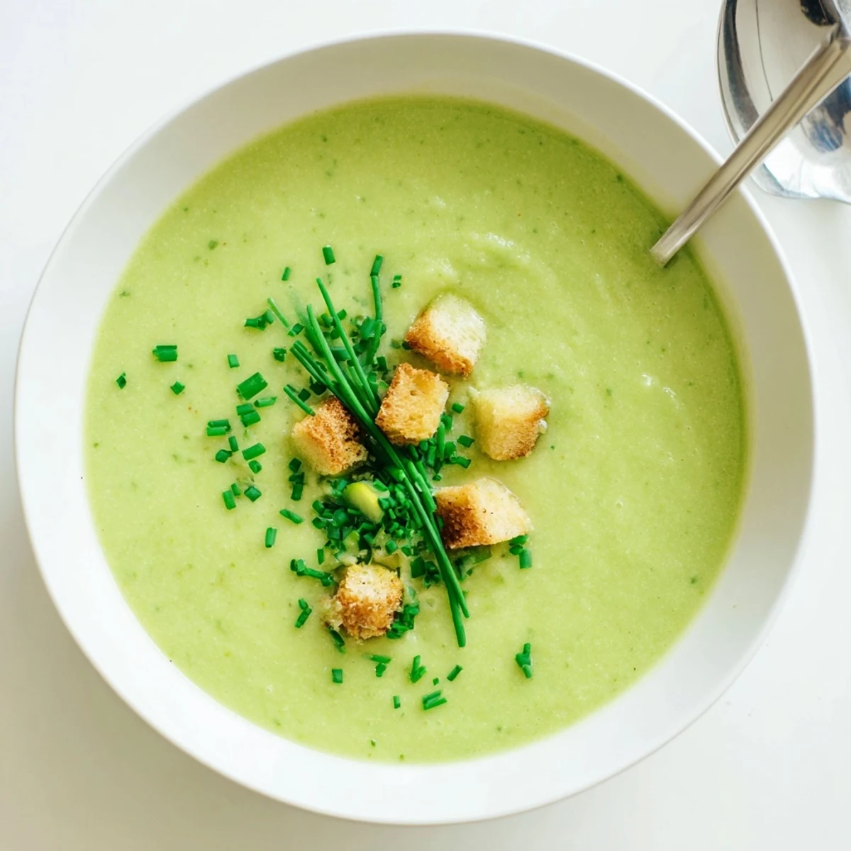 Velvety garlic zucchini soup in white bowl topped with crunchy toasted pumpkin seeds