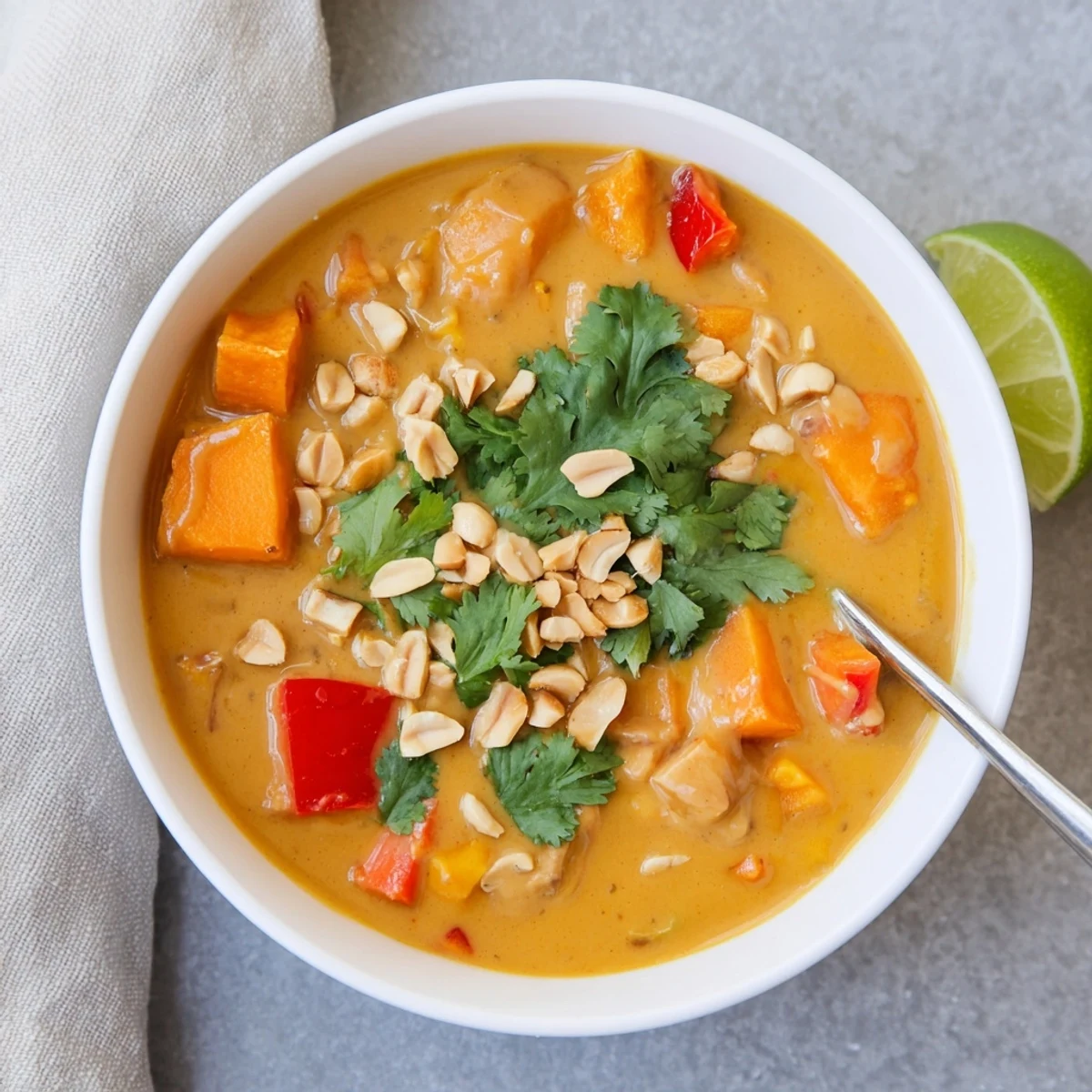 Creamy spicy peanut sweet potato soup topped with roasted peanuts and fresh cilantro in a white bowl