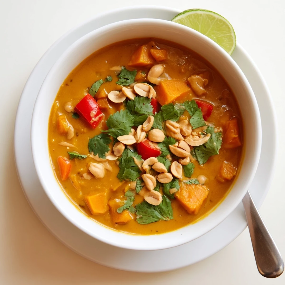 Hearty bowl of spicy peanut sweet potato soup with chunky texture and drizzled coconut milk garnish