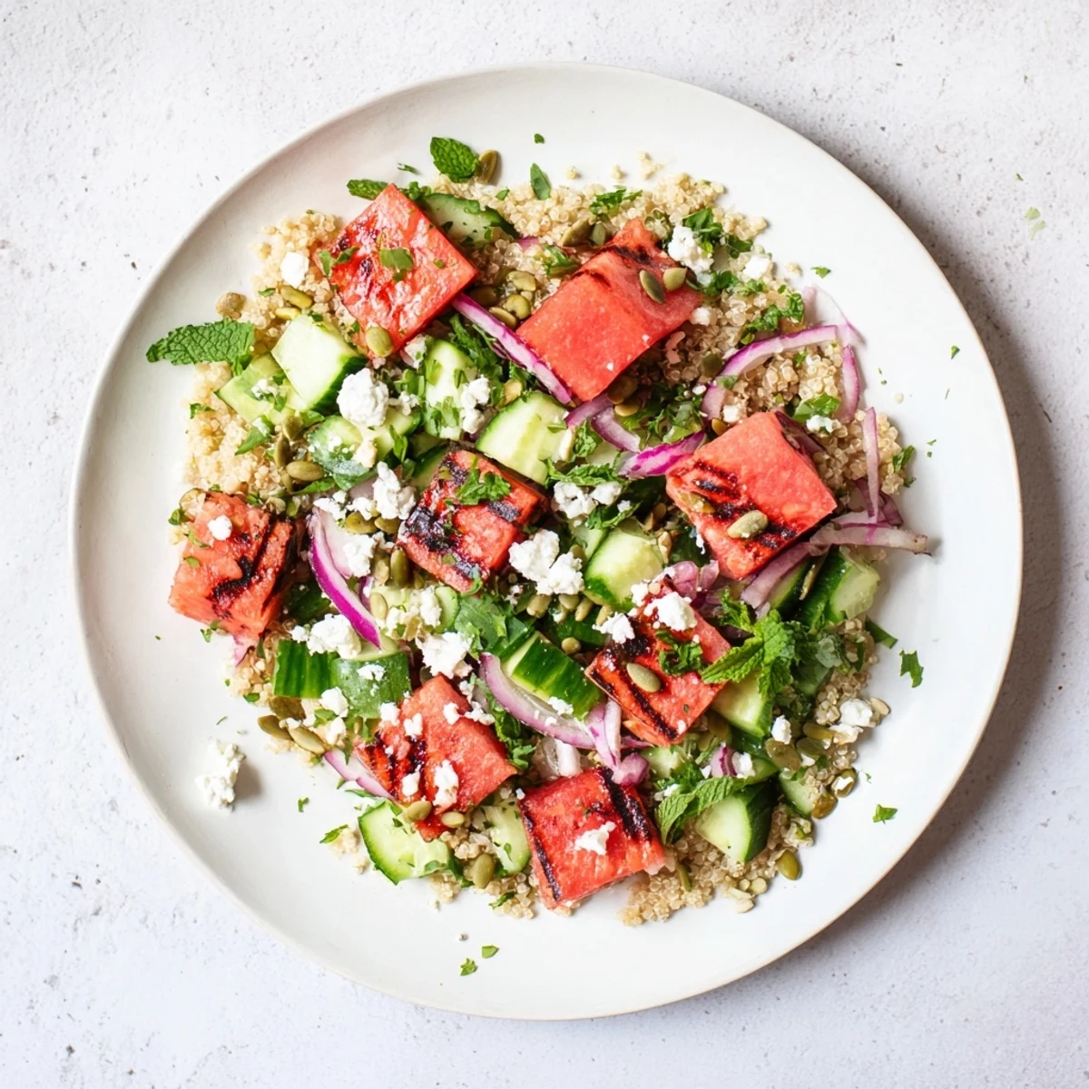 Colorful grilled watermelon and mint quinoa grain salad served on white platter