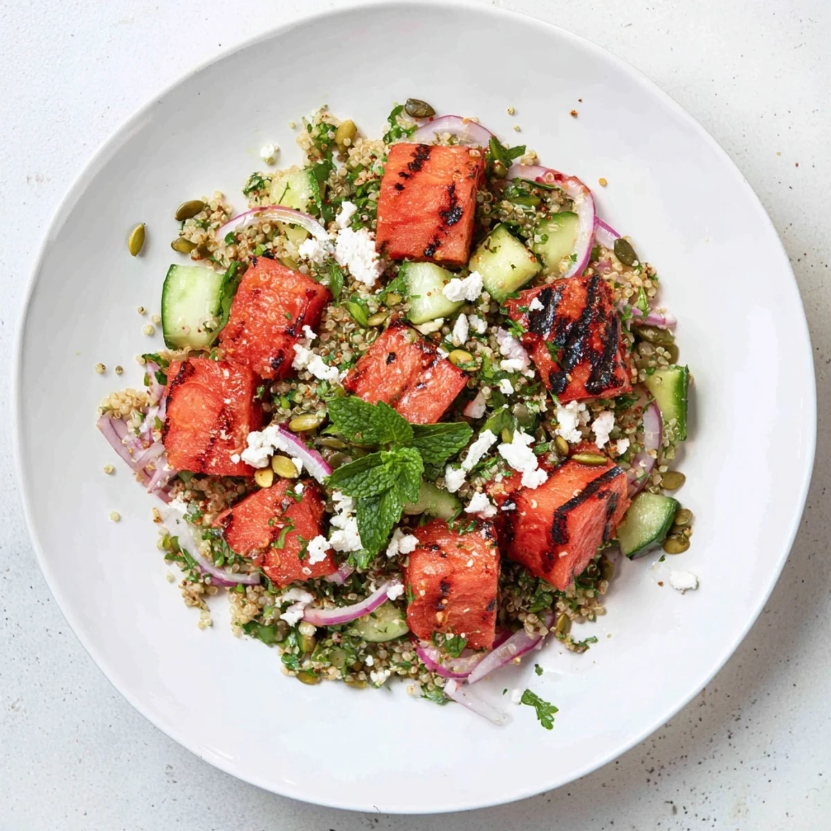 Fresh summer bowl featuring smoky grilled watermelon cubes tossed with fluffy quinoa