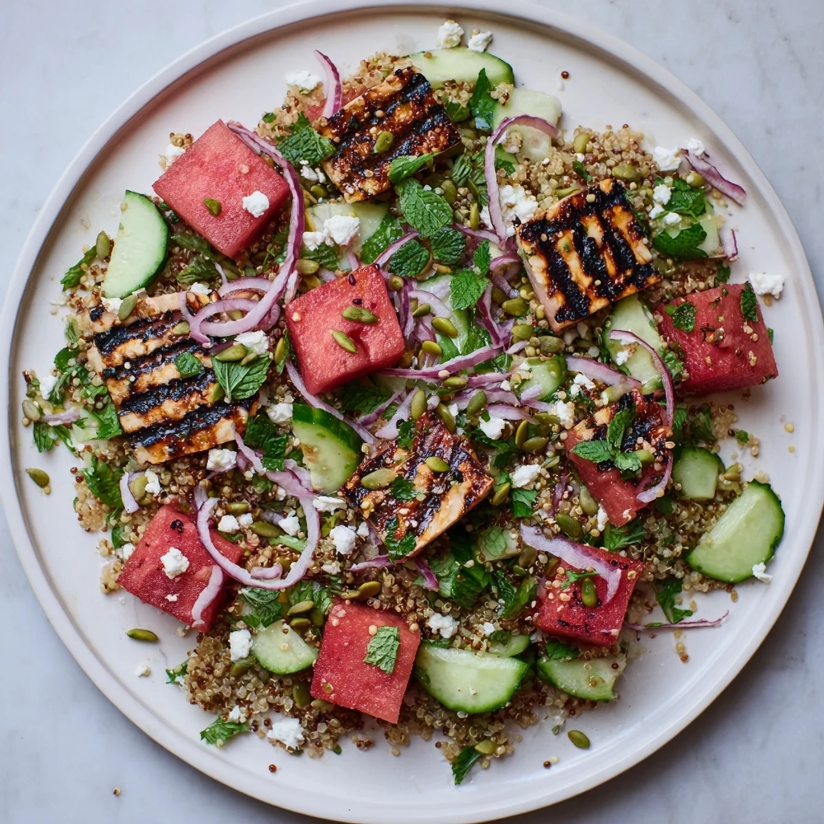 Vibrant layered watermelon quinoa salad with cucumber red onion and herb garnish