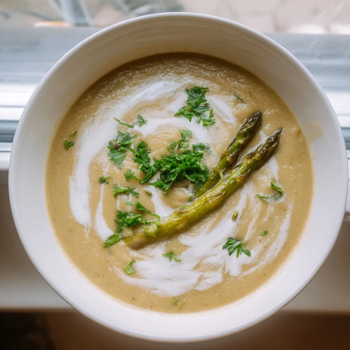 Rich roasted asparagus and white bean soup with creamy texture and garnish