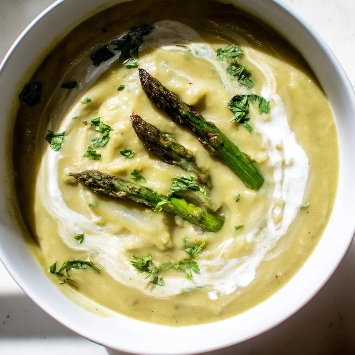 Hearty creamy roasted asparagus and white bean soup with fresh parsley garnish