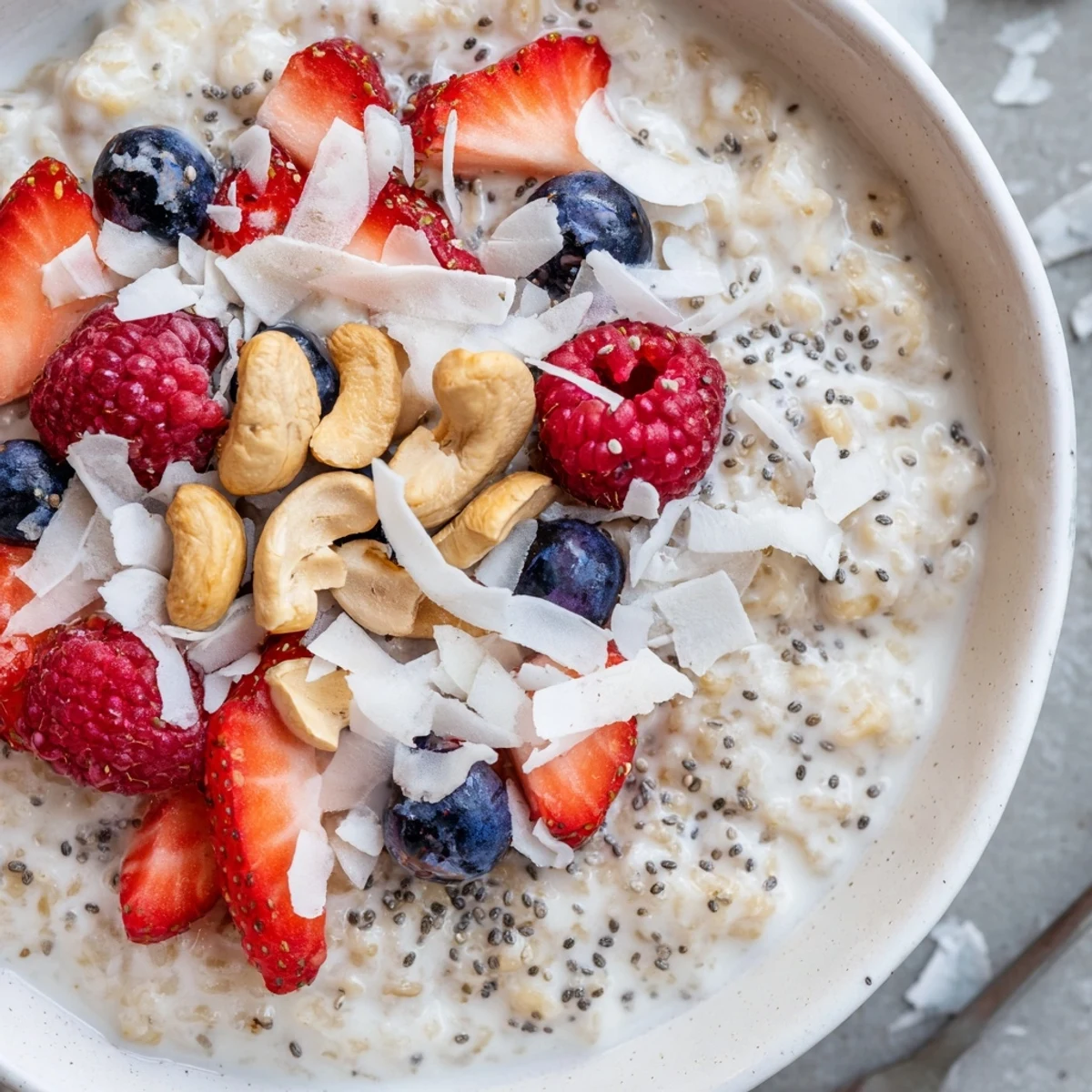 Fragrant vanilla-infused coconut rice pudding served in a bowl with colorful fresh fruit and crunchy toppings