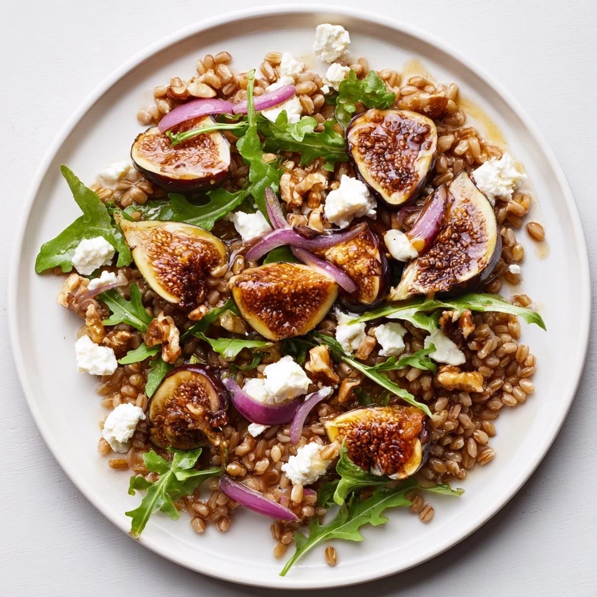 Vibrant Mediterranean grain salad featuring caramelized figs toasted walnuts and tangy vinaigrette