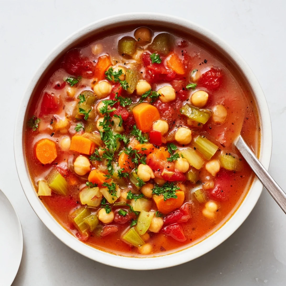 Rustic herbed tomato and chickpea soup garnished with fresh parsley in a ceramic bowl
