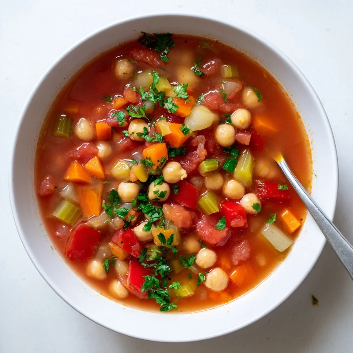 Steam rising from a hearty bowl of Mediterranean tomato chickpea soup with vegetables