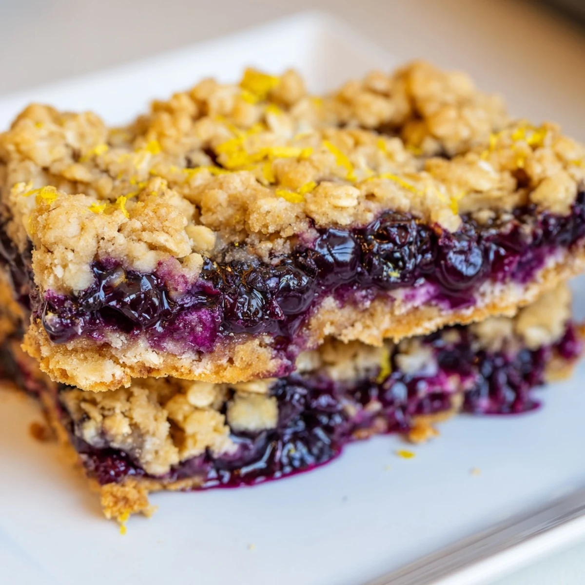 Golden lemon blueberry crumble bars with bubbling fruit filling and buttery oat crumble topping