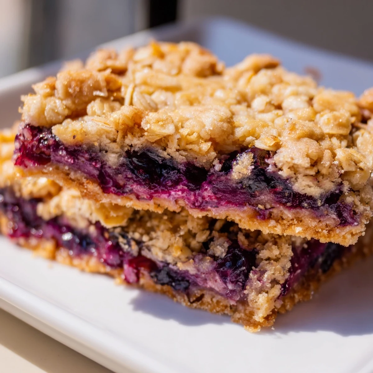Square lemon blueberry crumble bars featuring juicy blueberries and tangy lemon curd on crumbly base