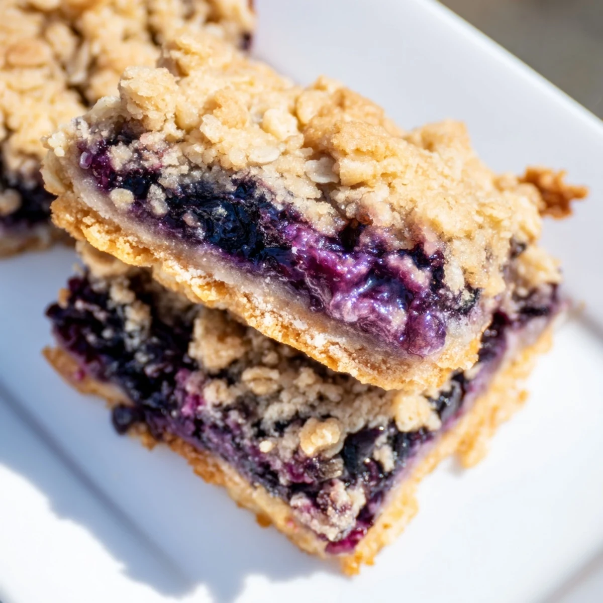Fresh baked lemon blueberry crumble bars cut into squares with golden brown streusel topping
