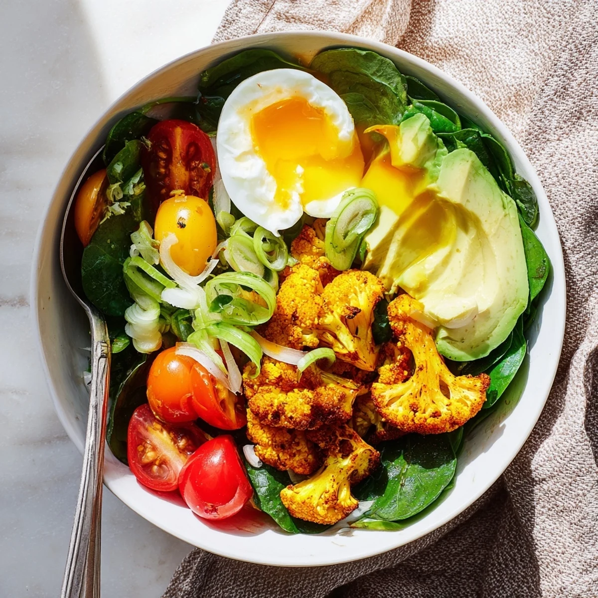 Golden turmeric cauliflower breakfast bowl with roasted florets, fresh avocado slices, and soft-boiled egg