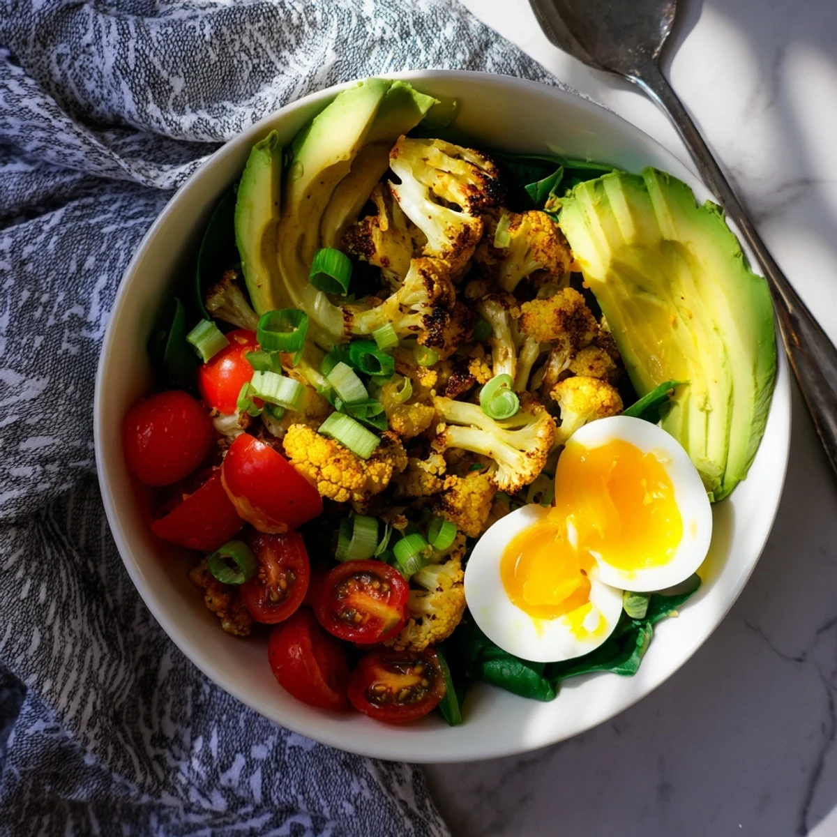 Vibrant savory turmeric cauliflower bowl topped with spinach, cherry tomatoes, and halved soft-boiled eggs