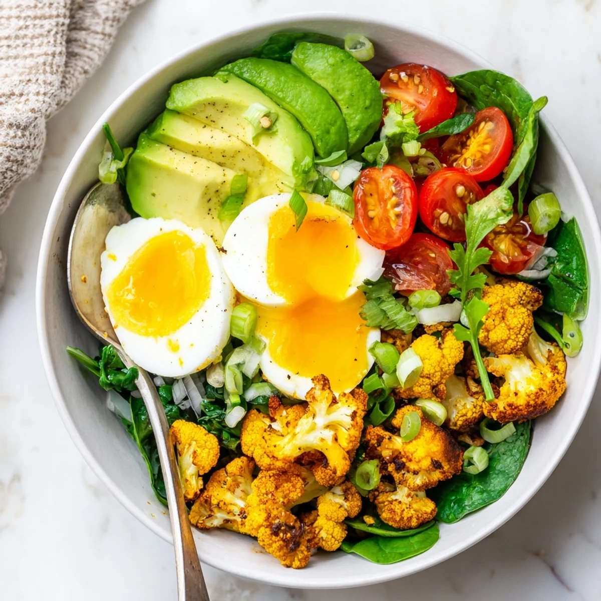Wholesome turmeric cauliflower breakfast bowl featuring golden roasted florets alongside creamy avocado and fresh greens