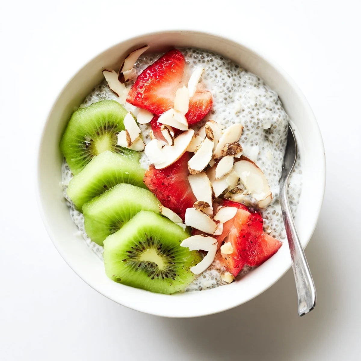 Creamy kiwi strawberry chia breakfast bowl topped with fresh sliced fruit and crunchy almonds