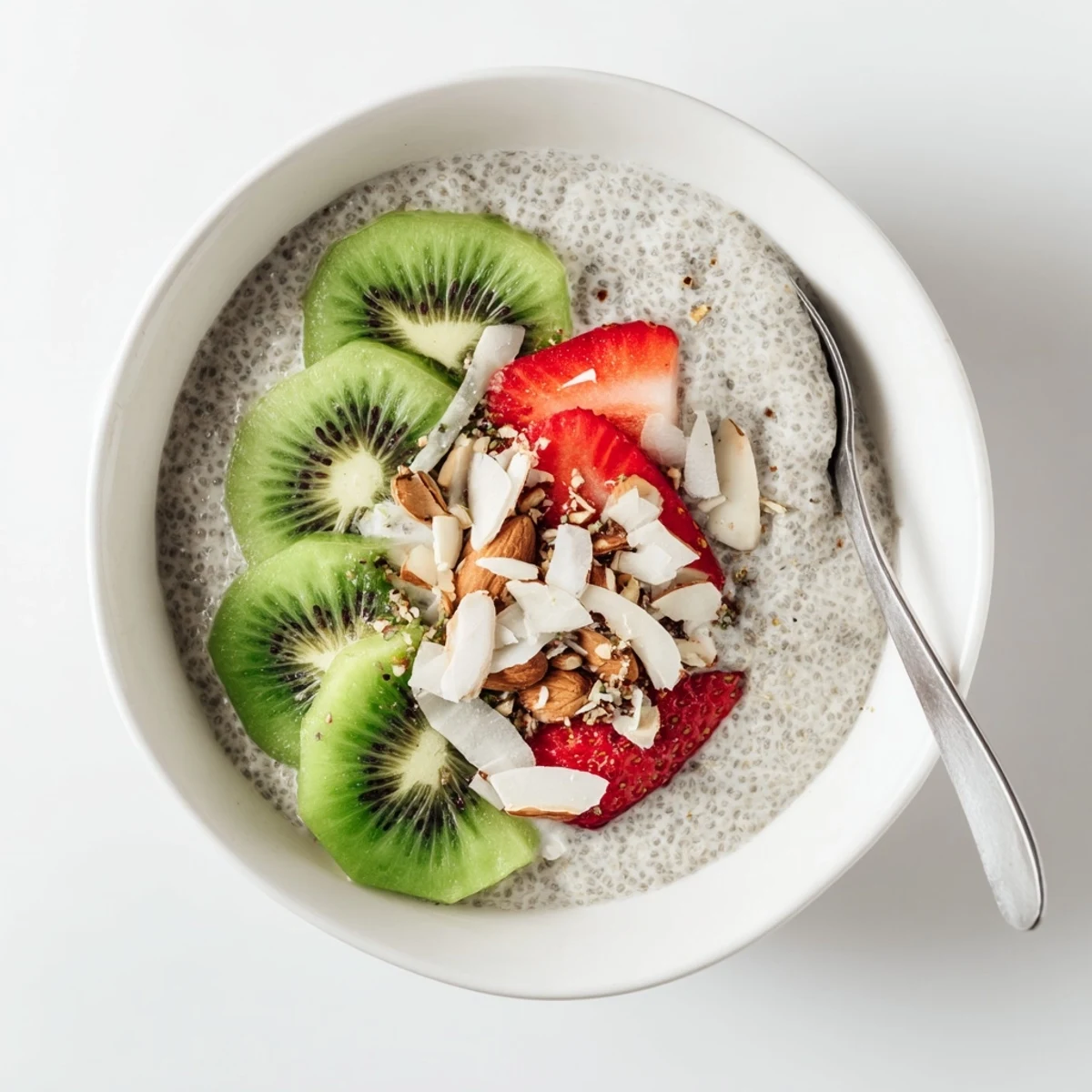 Vibrant green kiwi and red strawberries layered over chilled chia pudding breakfast bowl