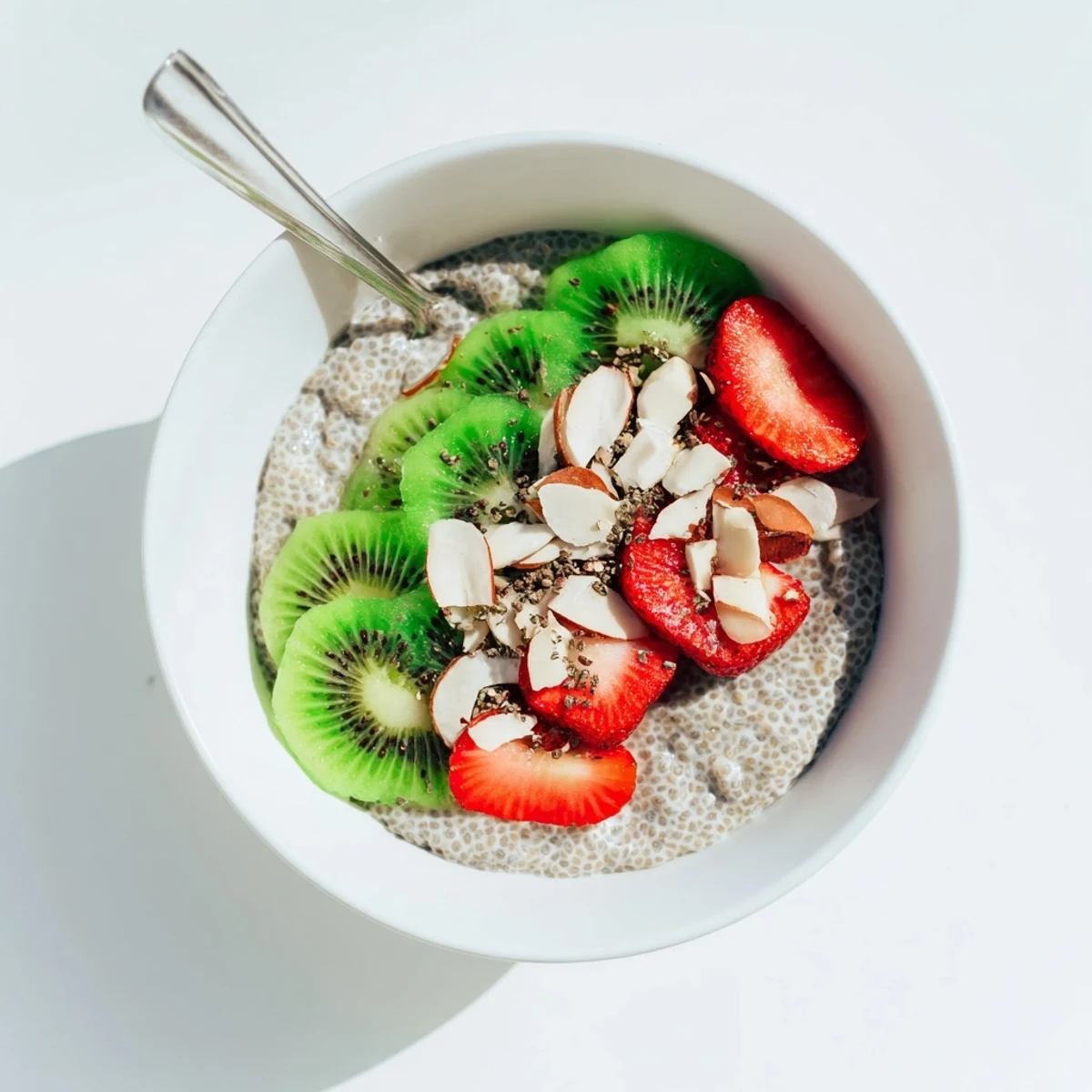 Overnight kiwi strawberry chia breakfast bowl sprinkled with coconut flakes and walnuts