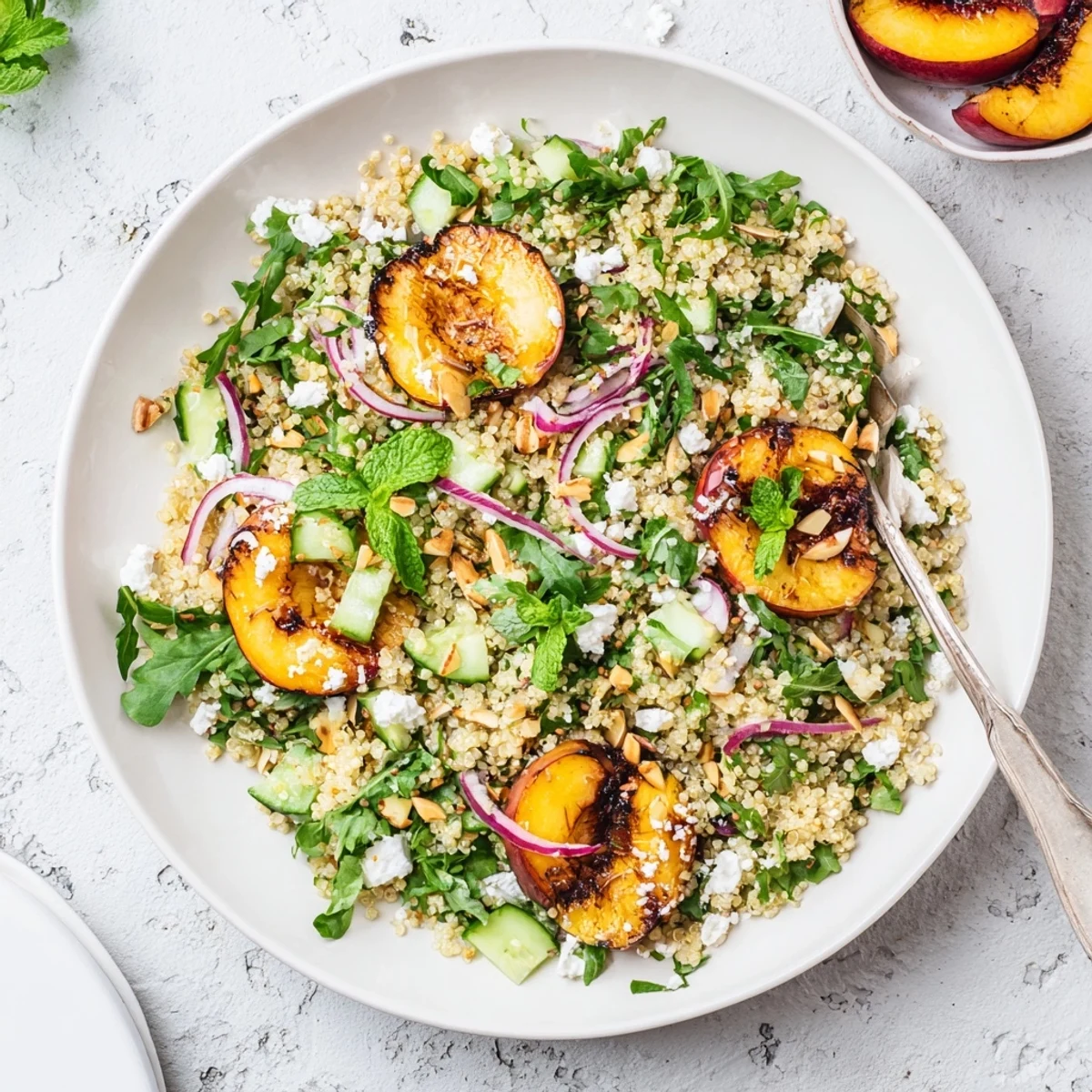 Colorful summer bowl featuring caramelized peaches, fresh greens, and honey-lime dressed quinoa grain salad