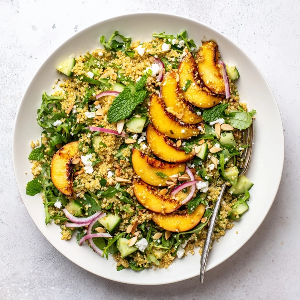 Golden roasted peach slices atop a bed of fluffy quinoa and peppery arugula grain salad