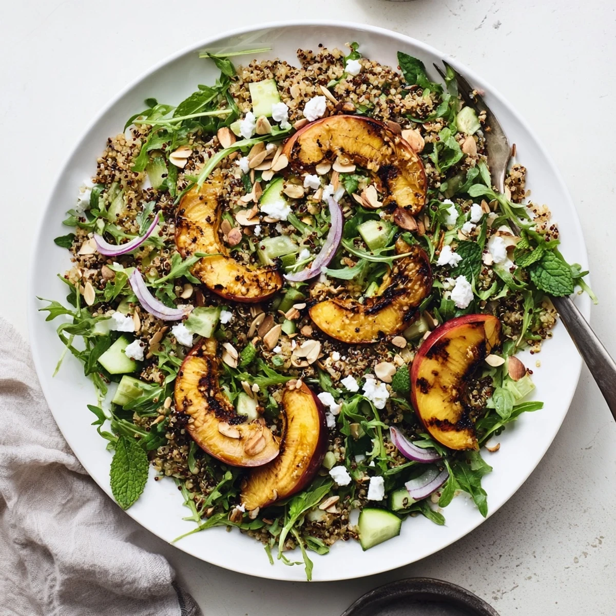 Close-up of roasted peach and arugula quinoa grain salad sprinkled with feta and toasted almonds