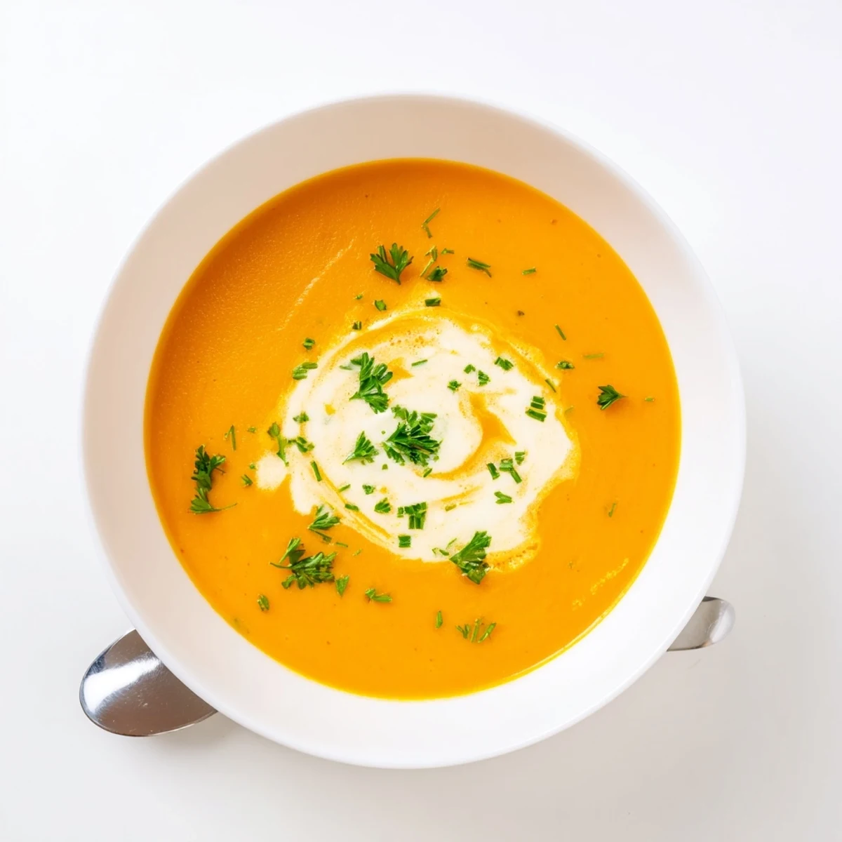 Creamy carrot ginger hearty soup in a white bowl garnished with fresh green chives