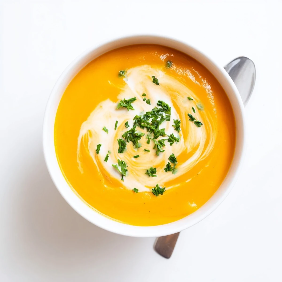 Velvety orange creamy carrot ginger hearty soup ladled into a rustic ceramic bowl