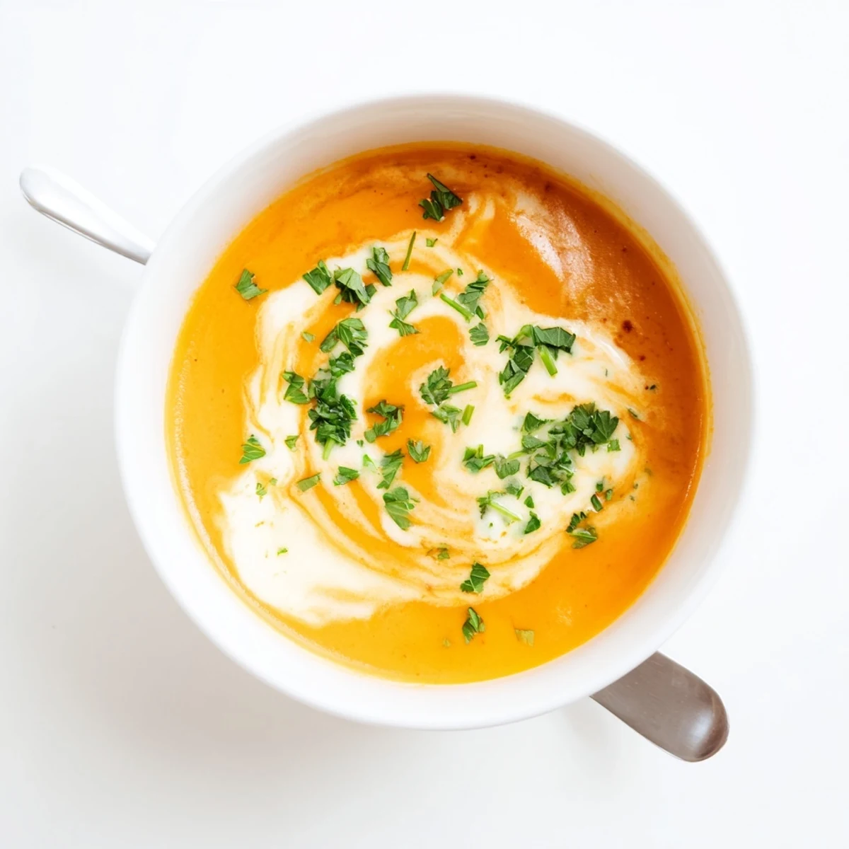 Steaming bowl of creamy carrot ginger hearty soup topped with parsley and crusty bread