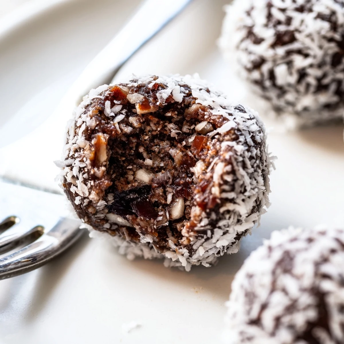 Bite-sized almond chocolate coconut energy balls rolled in shredded coconut on a white plate