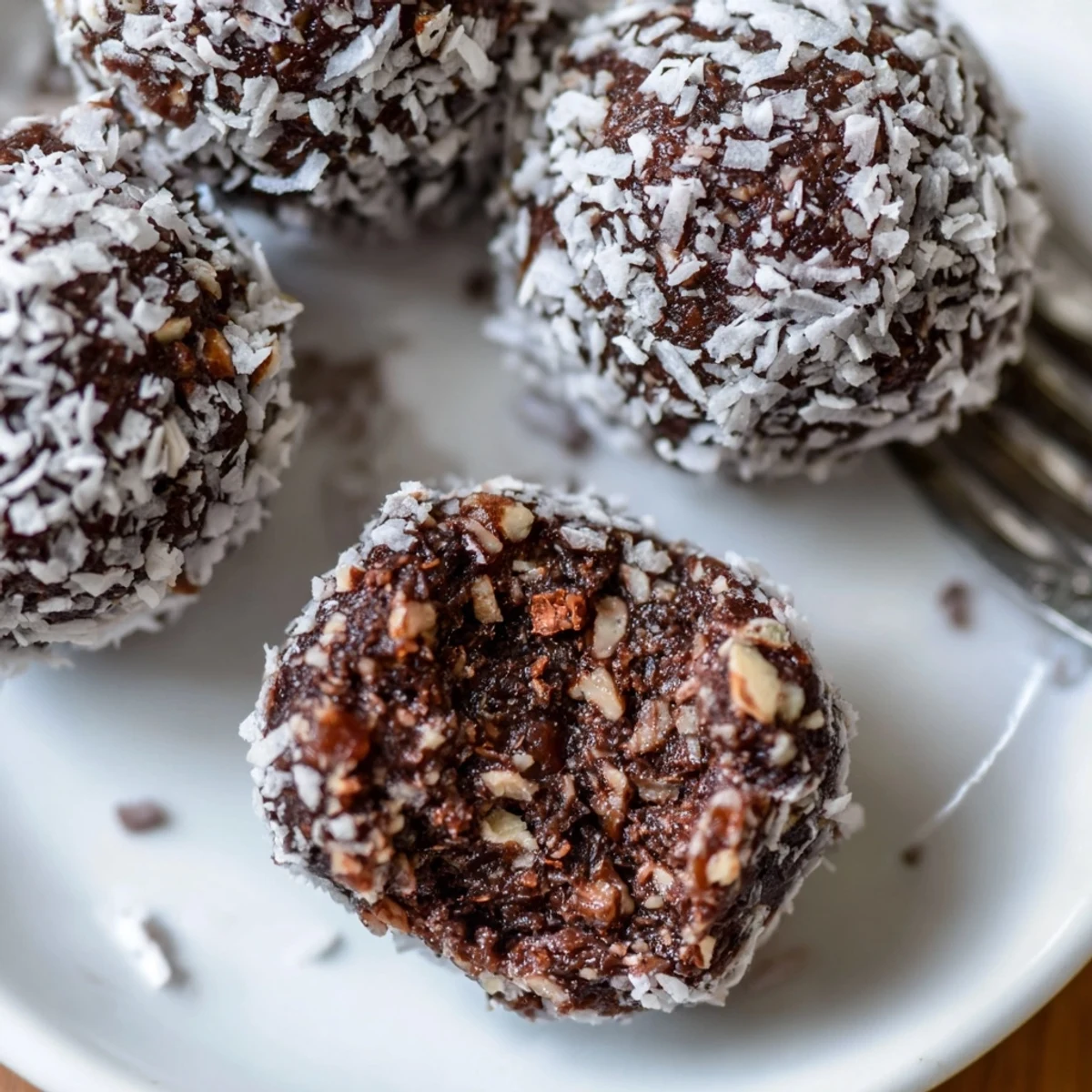 Rich no-bake almond chocolate coconut energy bites dusted with coconut for natural sweetness