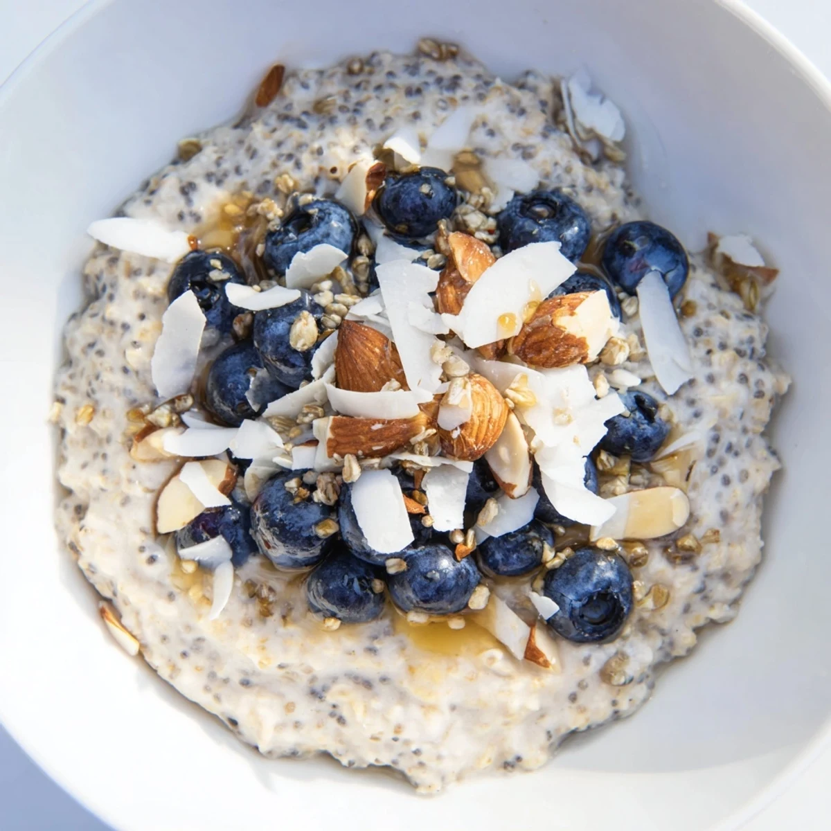 Creamy vanilla blueberry overnight oats breakfast bowl topped with fresh berries and crunchy almonds