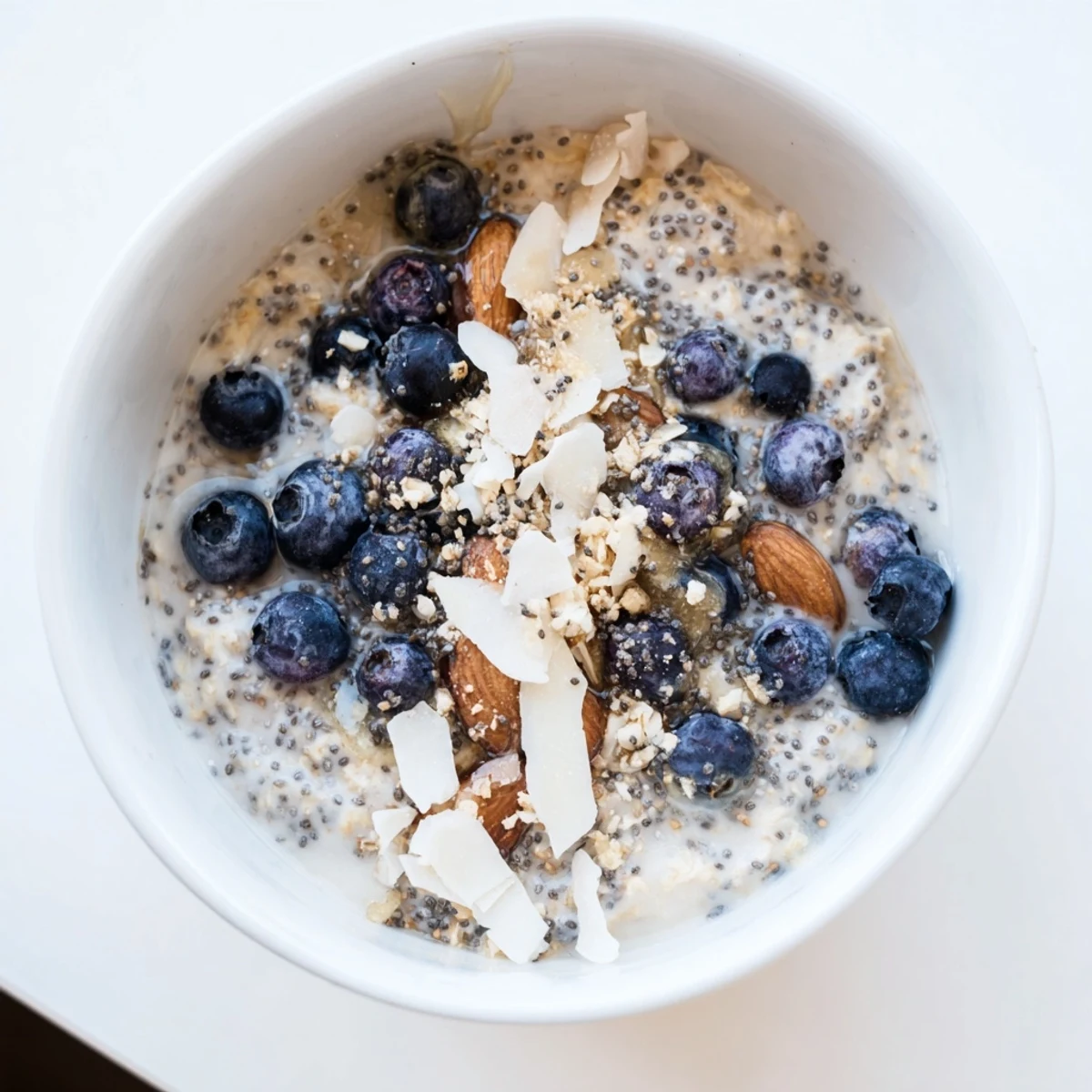 Ready-to-eat vanilla blueberry overnight oats breakfast bowl garnished with coconut flakes and plump blueberries