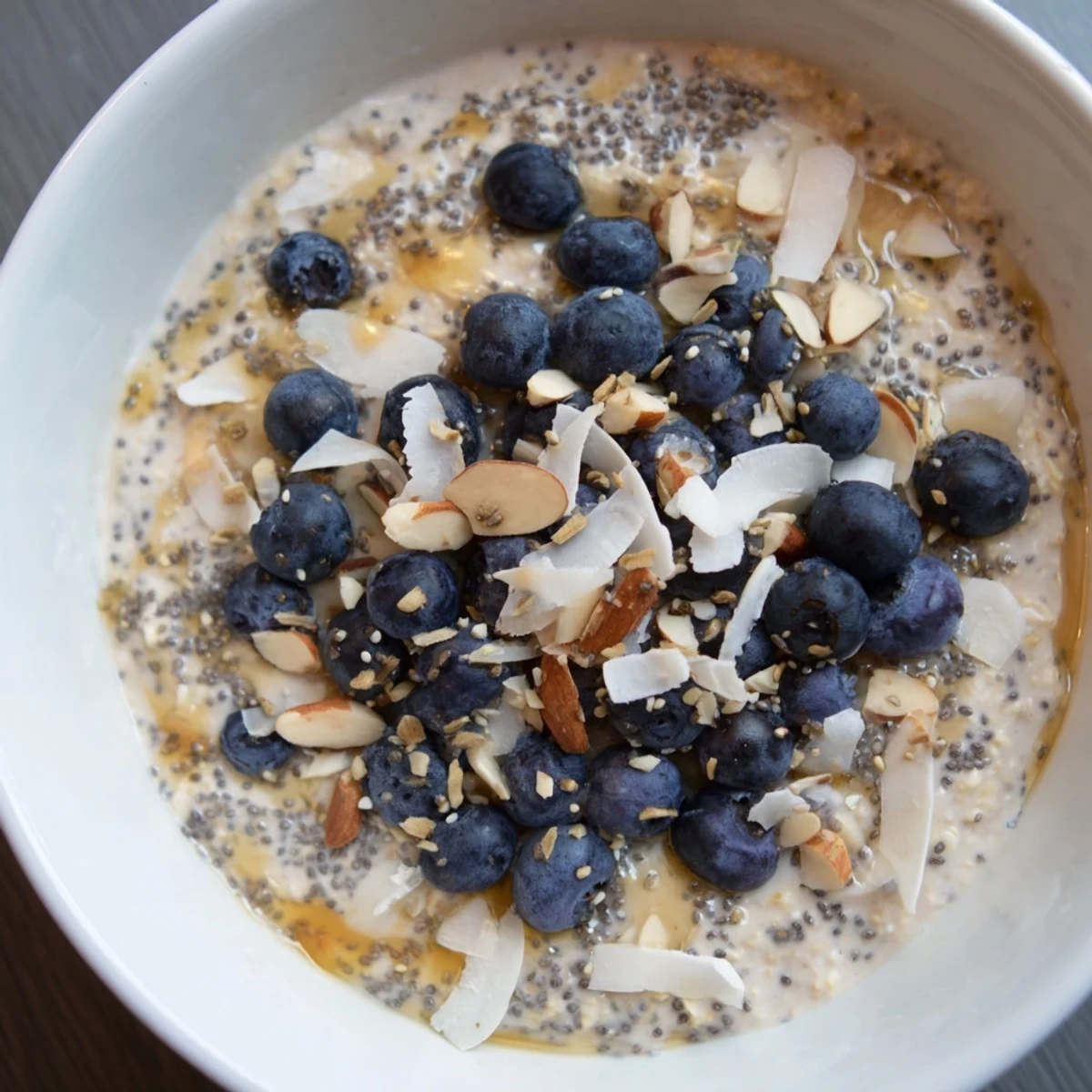Wholesome vanilla blueberry overnight oats breakfast bowl layered with Greek yogurt and sweet maple syrup