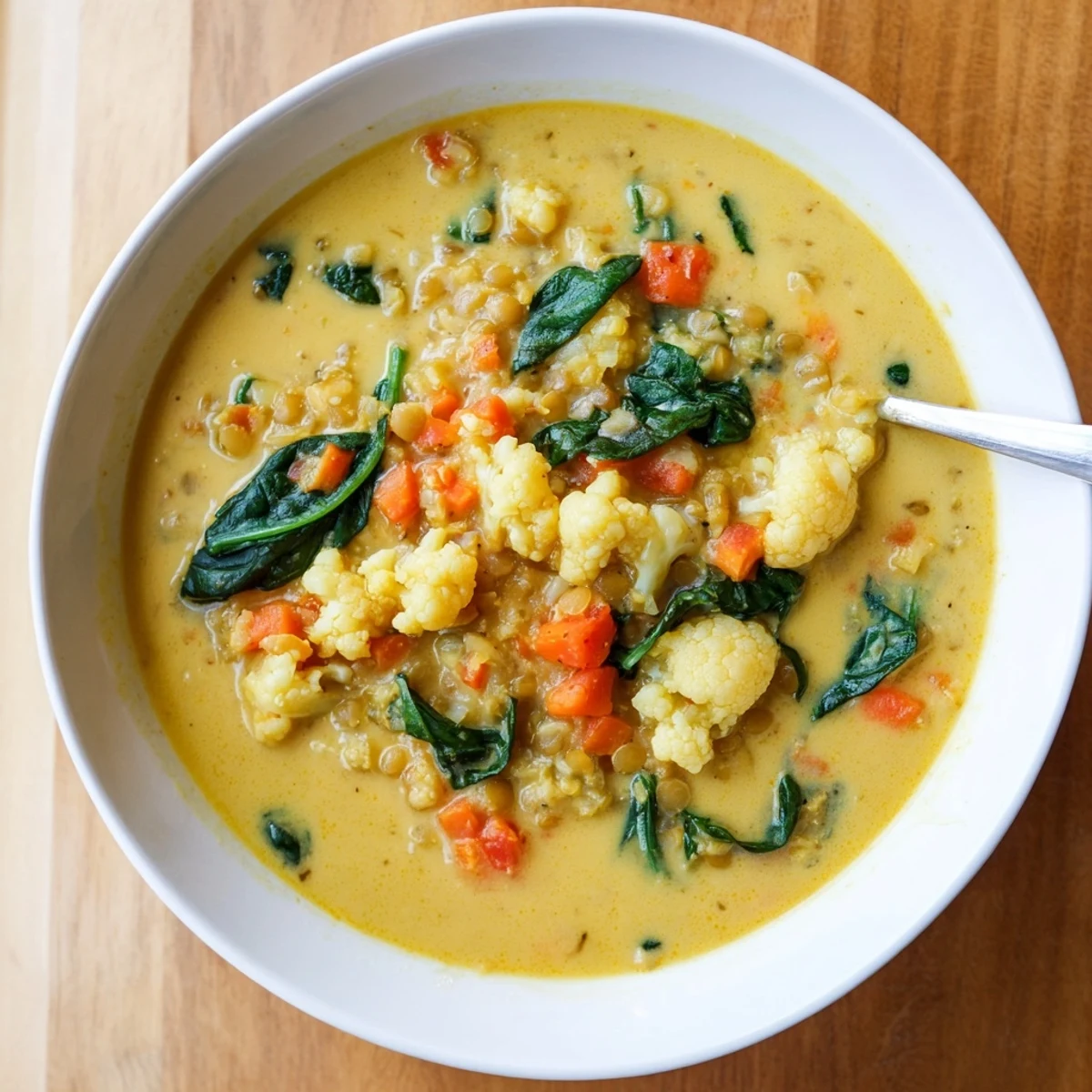 Creamy golden cauliflower lentil hearty soup garnished with toasted pumpkin seeds and served beside warm naan bread