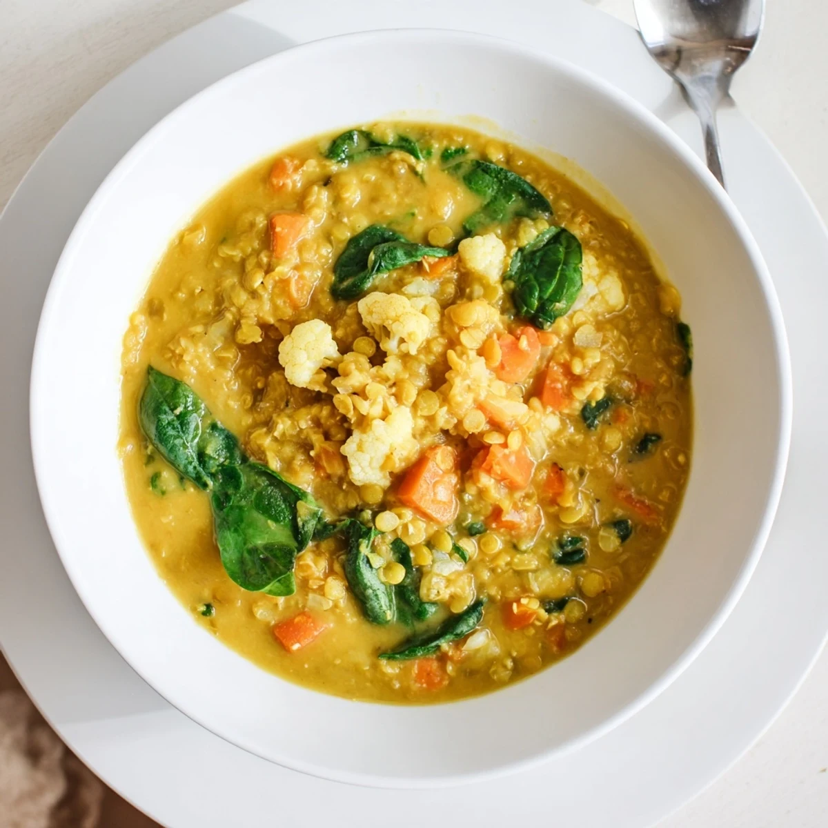 Golden cauliflower lentil soup in a white bowl topped with fresh baby spinach leaves and a drizzle of coconut milk