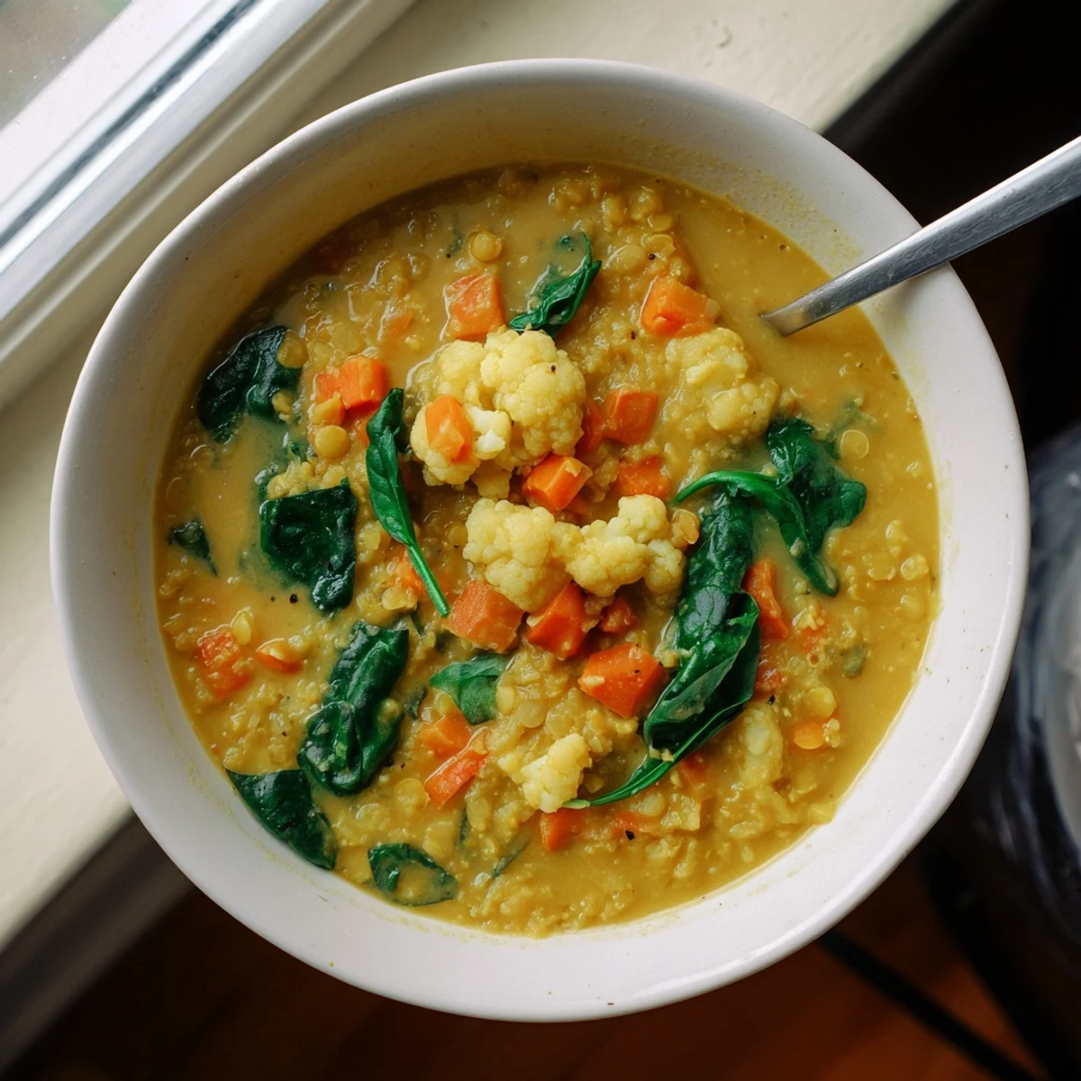 Steaming bowl of golden cauliflower lentil soup with vibrant turmeric hue and tender florets visible throughout