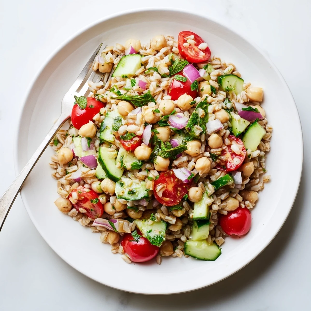 Colorful lemon herb farro and chickpea grain salad with fresh tomatoes and cucumber in a bowl