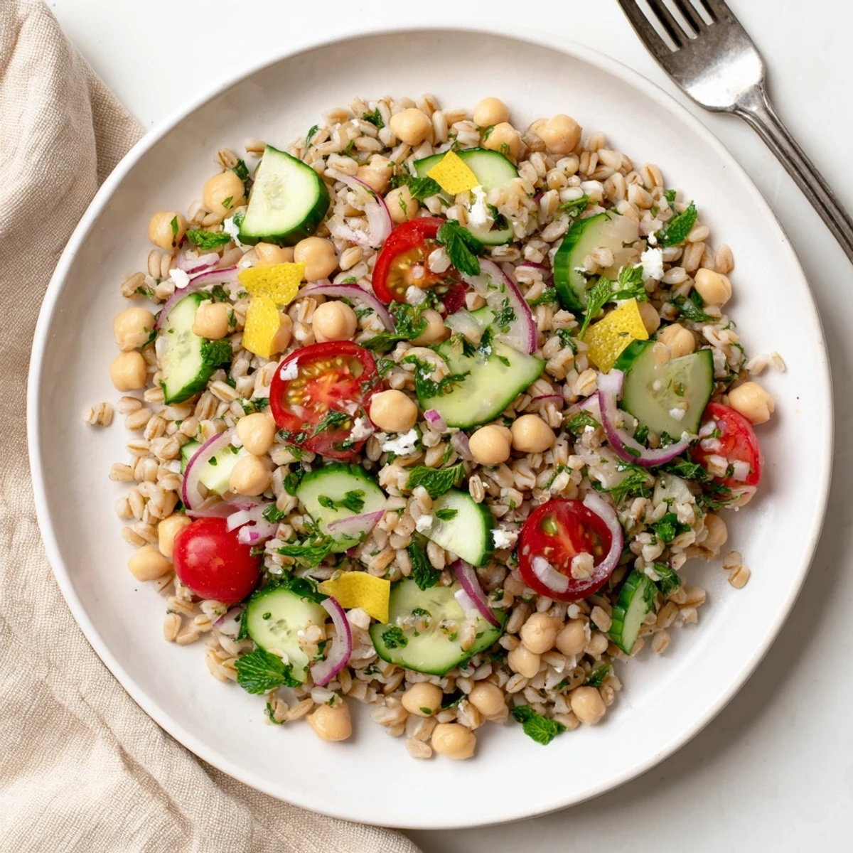 Mediterranean-style lemon herb farro and chickpea salad featuring bright vegetables and zesty olive oil dressing