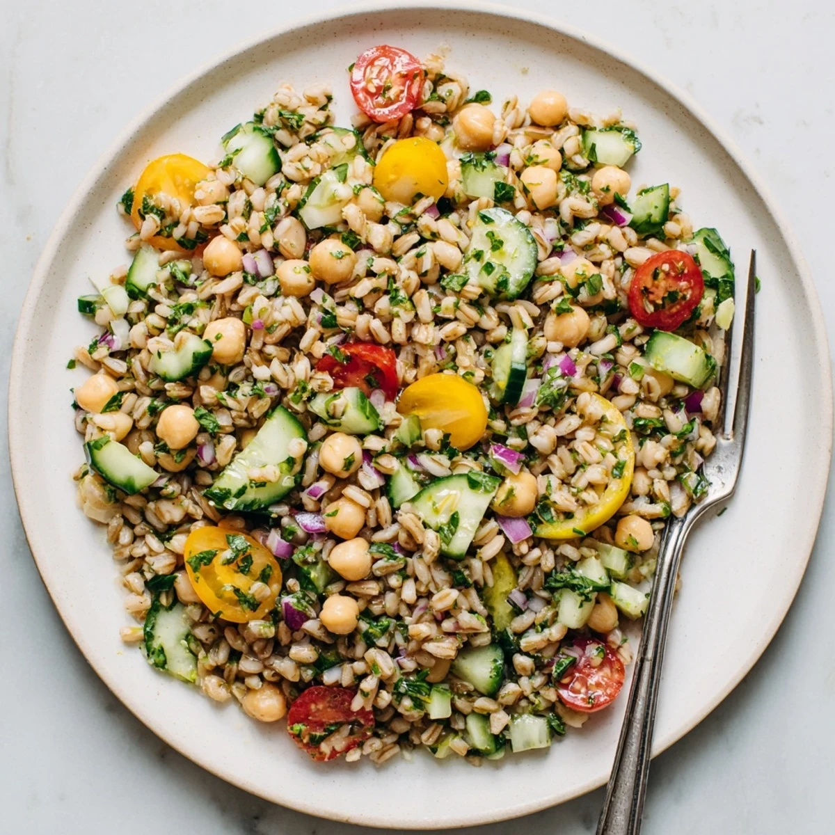 Hearty lemon herb farro and chickpea grain salad topped with fresh parsley and mint for a refreshing lunch