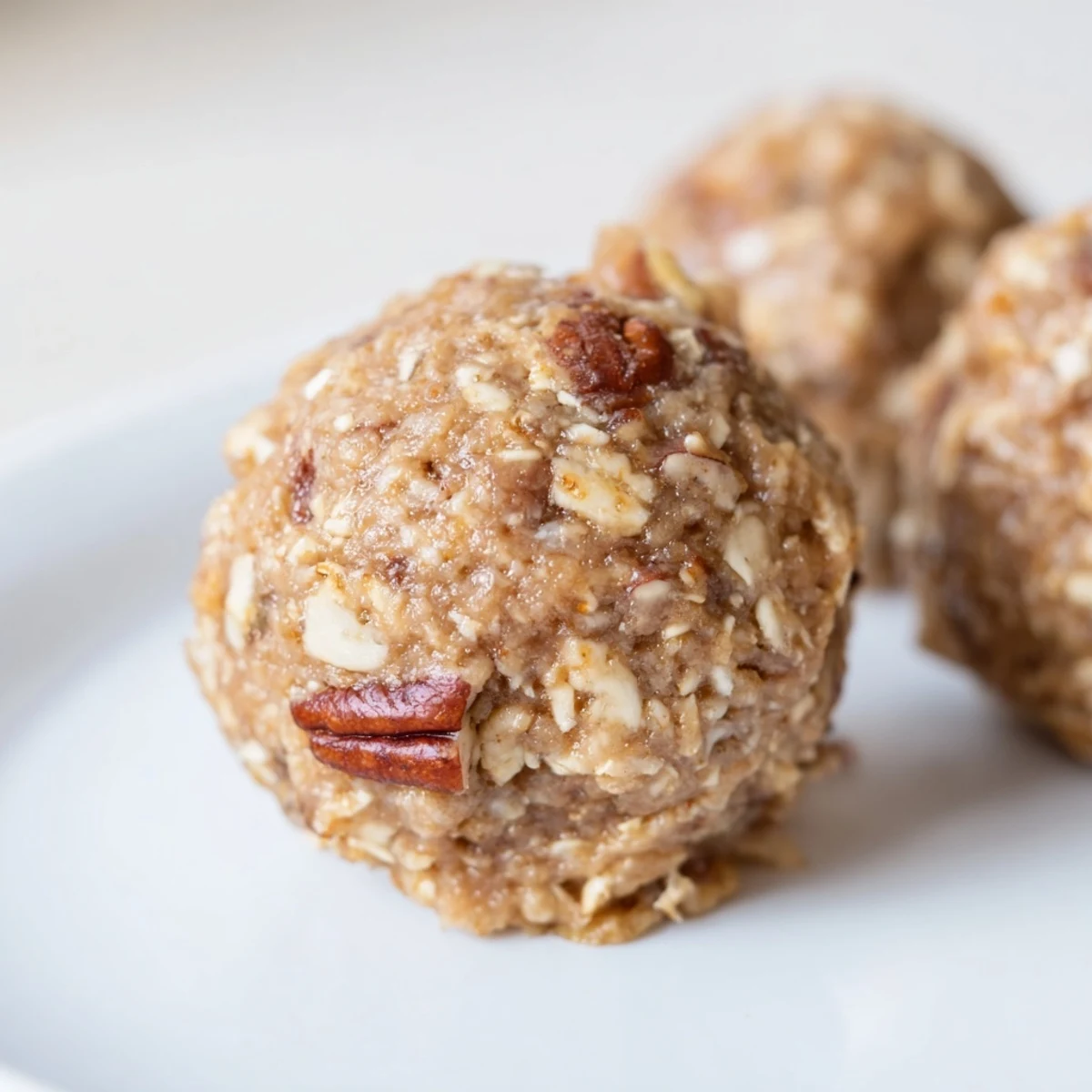 Bite-sized maple pecan bliss balls rolled in chopped pecans on a white plate
