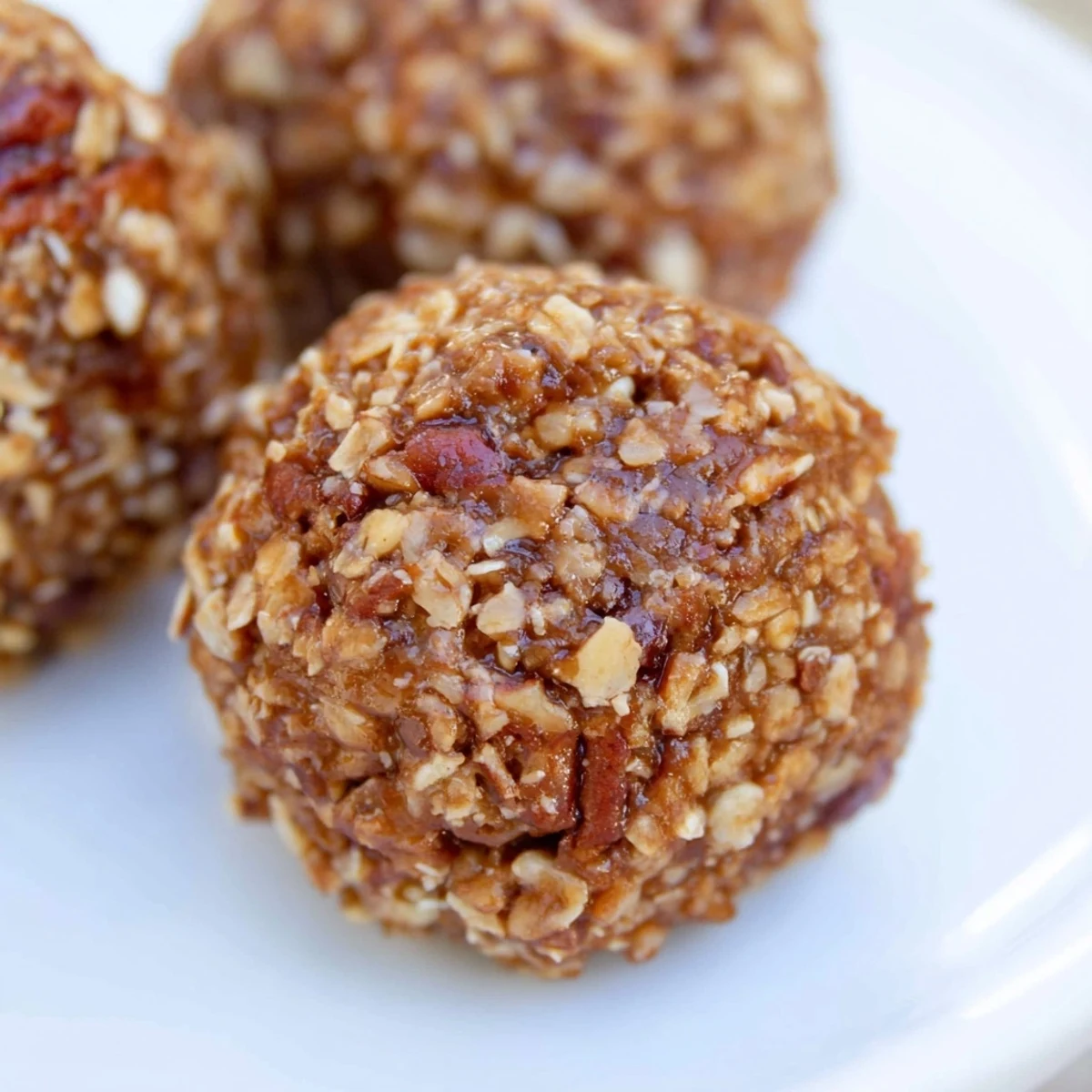 Close-up of soft maple pecan bliss balls with visible oat and pecan texture