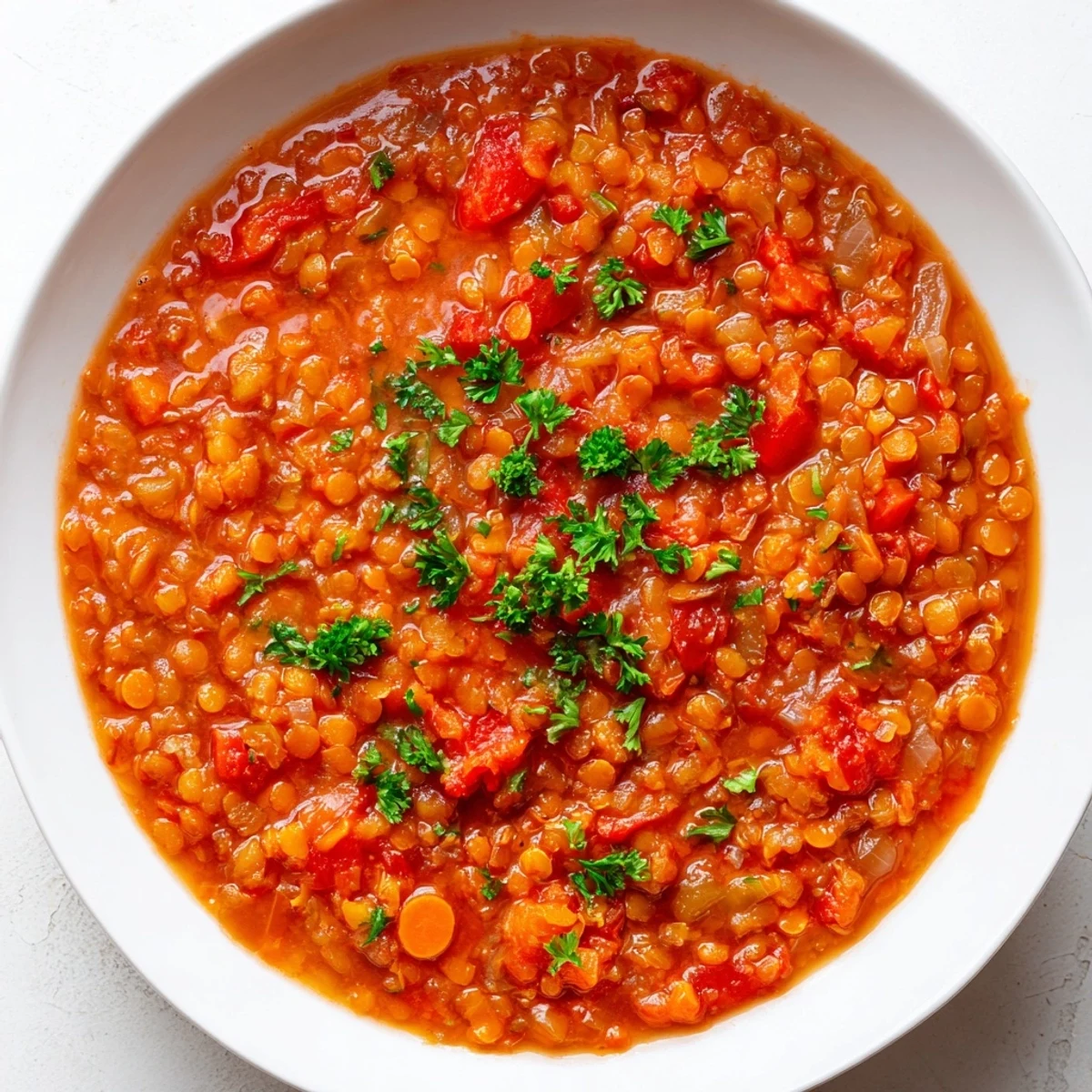 Creamy smoky red lentil and tomato soup garnished with fresh parsley in a white bowl