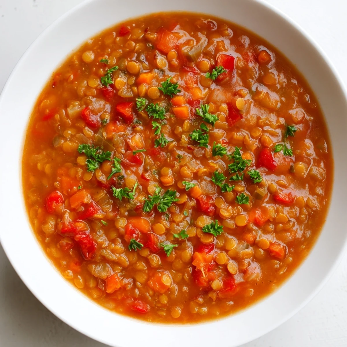 Rich hearty smoky red lentil and tomato soup steaming hot with rustic bread on the side