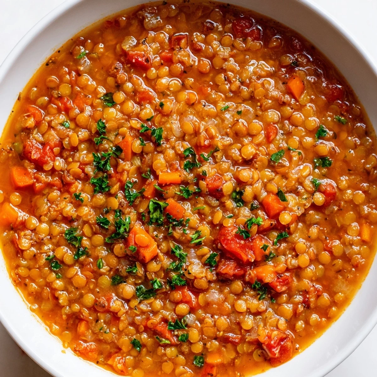 Vibrant smoky red lentil and tomato soup topped with chopped parsley and drizzled with olive oil
