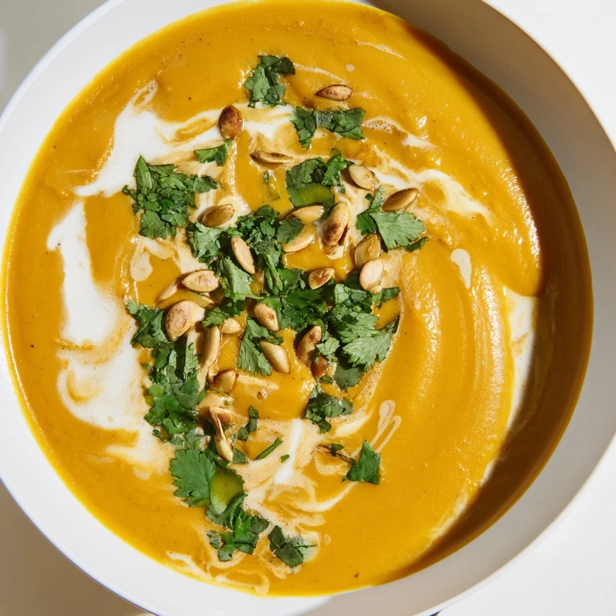 Golden bowl of hearty spiced butternut coconut soup with a swirl of coconut milk and fragrant spice aroma