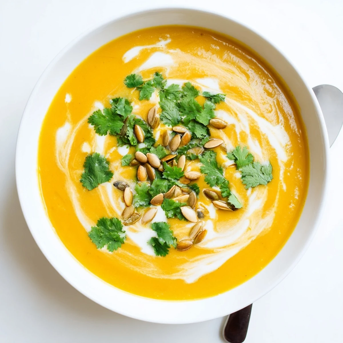 Creamy spiced butternut coconut soup garnished with fresh cilantro and toasted pumpkin seeds in a white bowl